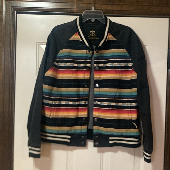 Women's XL STS Ranchwear "The Varsity" Serape Print Black Denim Jacket (ABBA) - Picture 1 of 16